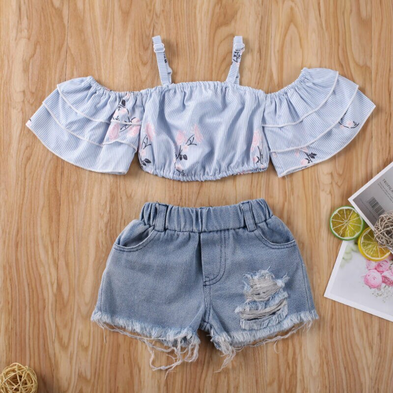 "Violet" Off the shoulder top and denim shorts (12M-3T)