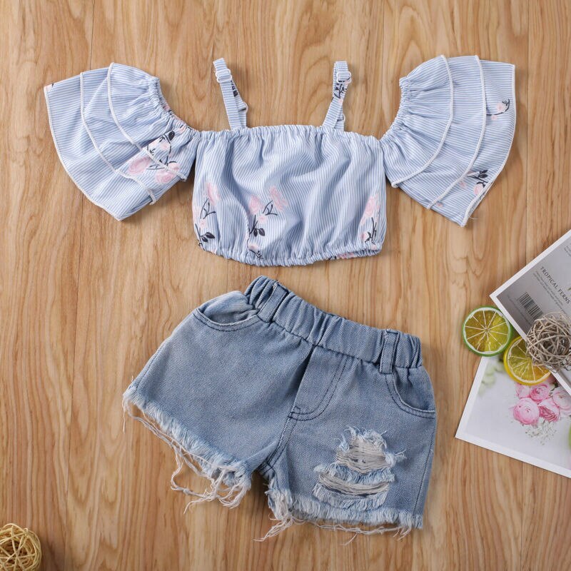 "Violet" Off the shoulder top and denim shorts (12M-3T)
