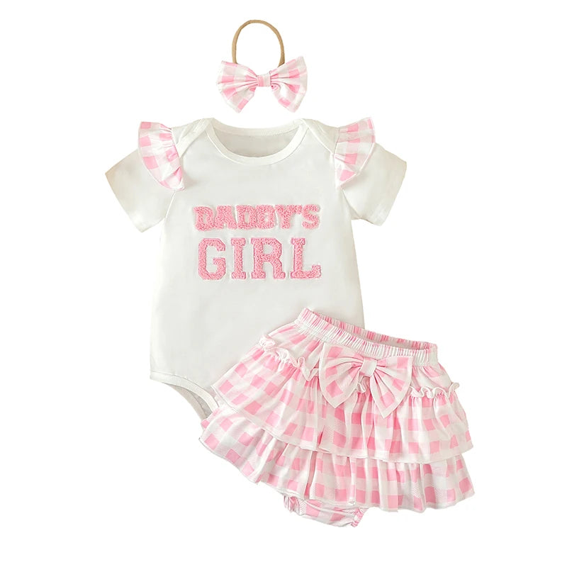 Dabby's Girl Romper with Gingham Shorts and Headband (6M-18M)