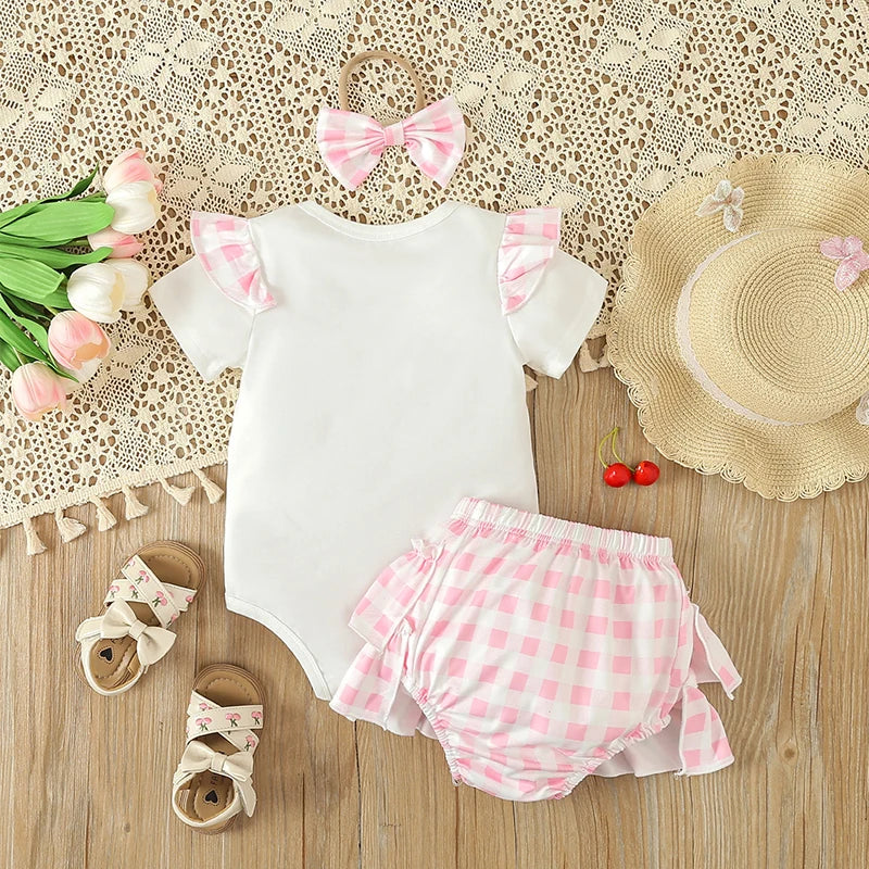 Dabby's Girl Romper with Gingham Shorts and Headband (6M-18M)