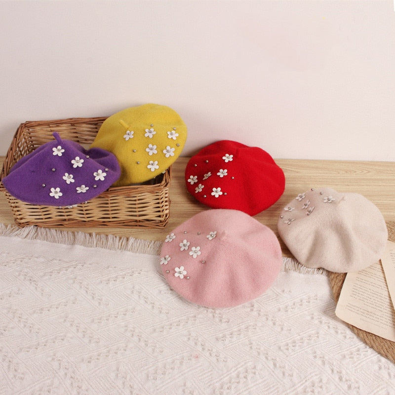 Winter Warm Beret Hats with Flower 2-6yrs