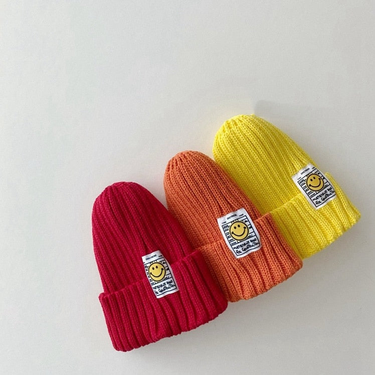 Smiley Face Autumn Knitted Kids Beanie Cap One Size Fits all Up to 6 years