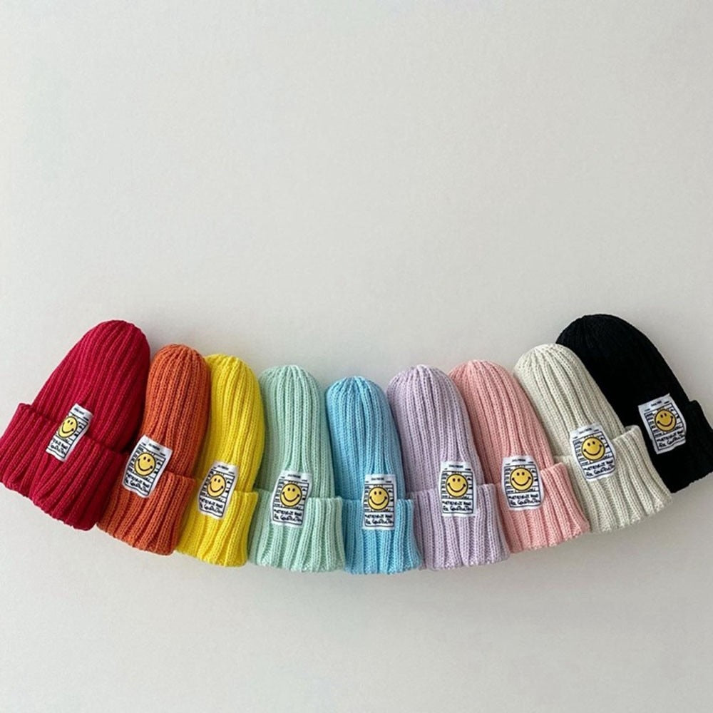 Smiley Face Autumn Knitted Kids Beanie Cap One Size Fits all Up to 6 years