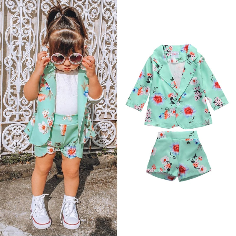Girls Floral Coat + Shorts 2pcs Suit 1-5yrs