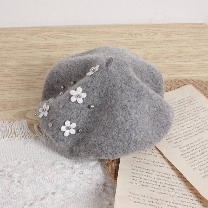 Winter Warm Beret Hats with Flower 2-6yrs