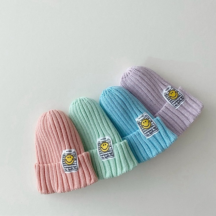 Smiley Face Autumn Knitted Kids Beanie Cap One Size Fits all Up to 6 years