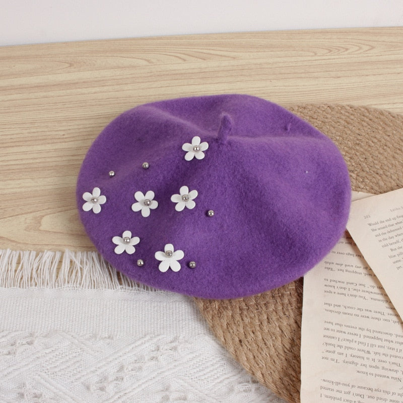 Winter Warm Beret Hats with Flower 2-6yrs