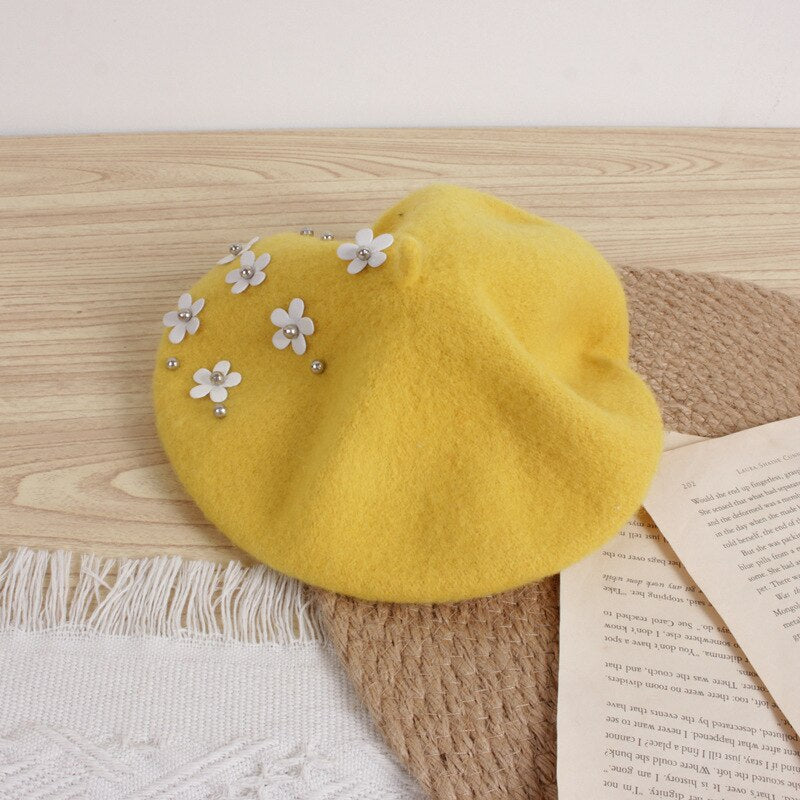 Winter Warm Beret Hats with Flower 2-6yrs