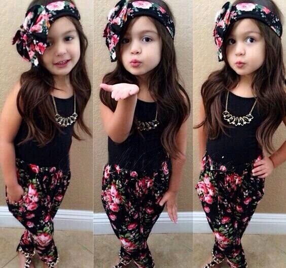 Girls Fashion floral casual suit & headband 3pcs 1-7yrs