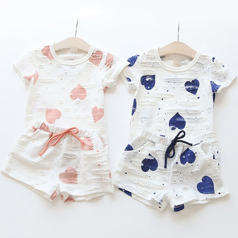 Organic Cotton Heart Design Shirts + Shorts Pink/Blue 1-6y