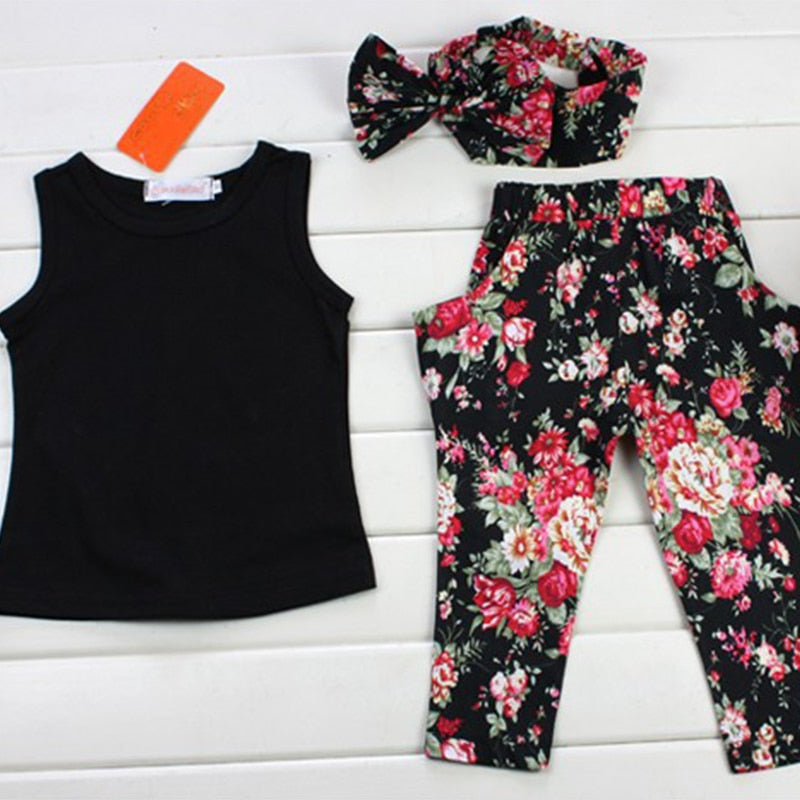 Girls Fashion floral casual suit & headband 3pcs 1-7yrs