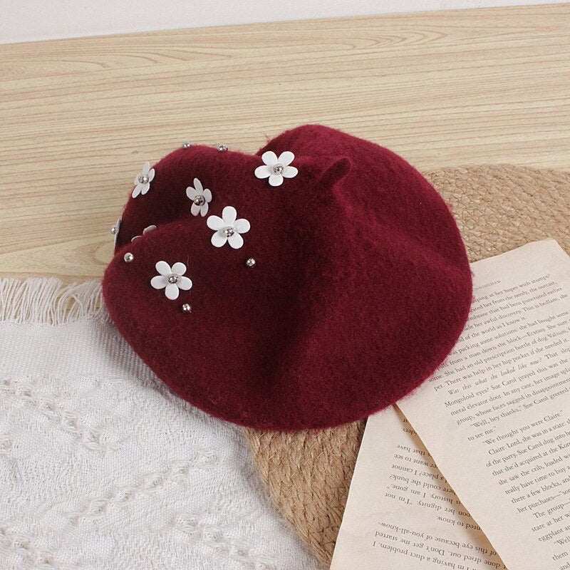 Winter Warm Beret Hats with Flower 2-6yrs