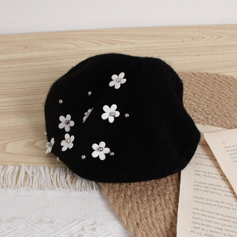 Winter Warm Beret Hats with Flower 2-6yrs