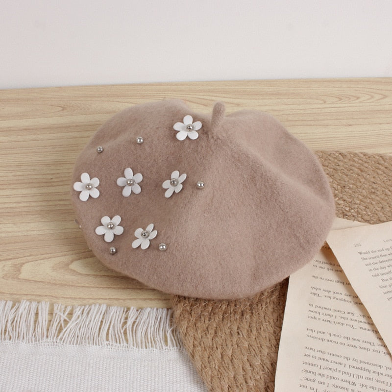 Winter Warm Beret Hats with Flower 2-6yrs