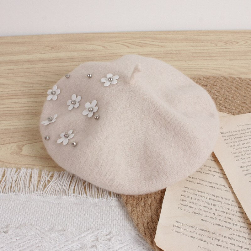 Winter Warm Beret Hats with Flower 2-6yrs