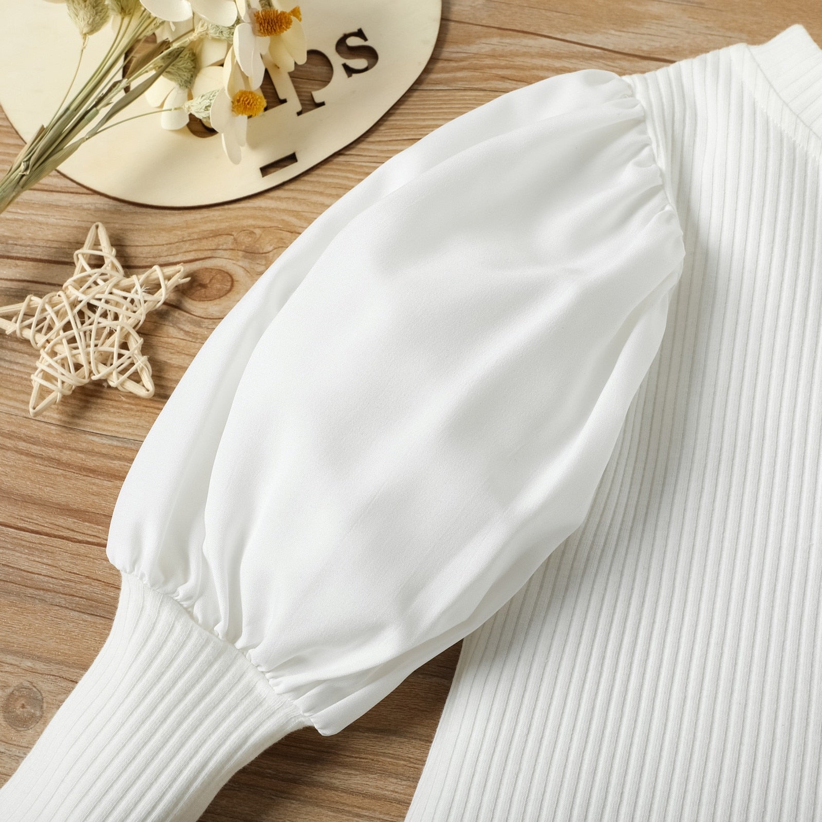 "Olivia" Puff Sleeve Ribbed Blouse & Pants With Belt