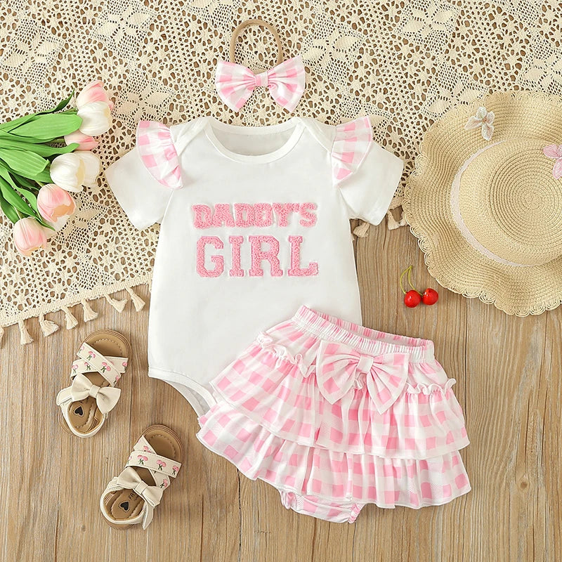 Dabby's Girl Romper with Gingham Shorts and Headband (6M-18M)
