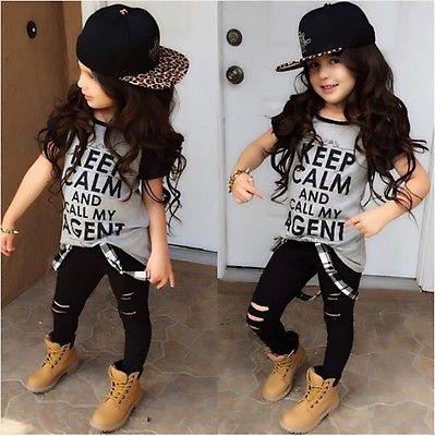 2 Pieces Girls Clothes Set Short Sleeve T-shirt with Long Pants