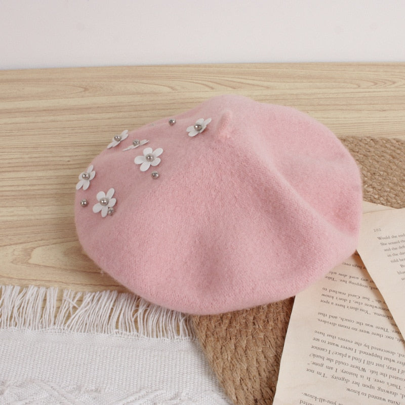 Winter Warm Beret Hats with Flower 2-6yrs