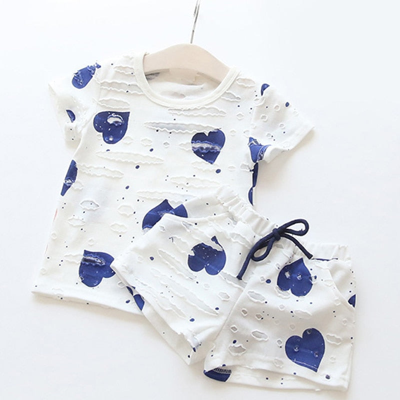 Organic Cotton Heart Design Shirts + Shorts Pink/Blue 1-6y