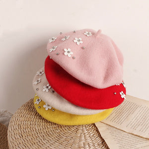 Winter Warm Beret Hats with Flower 2-6yrs