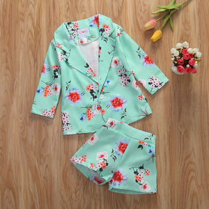 Girls Floral Coat + Shorts 2pcs Suit 1-5yrs