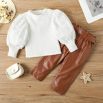 "Olivia" Puff Sleeve Ribbed Blouse & Pants With Belt