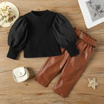 "Olivia" Puff Sleeve Ribbed Blouse & Pants With Belt